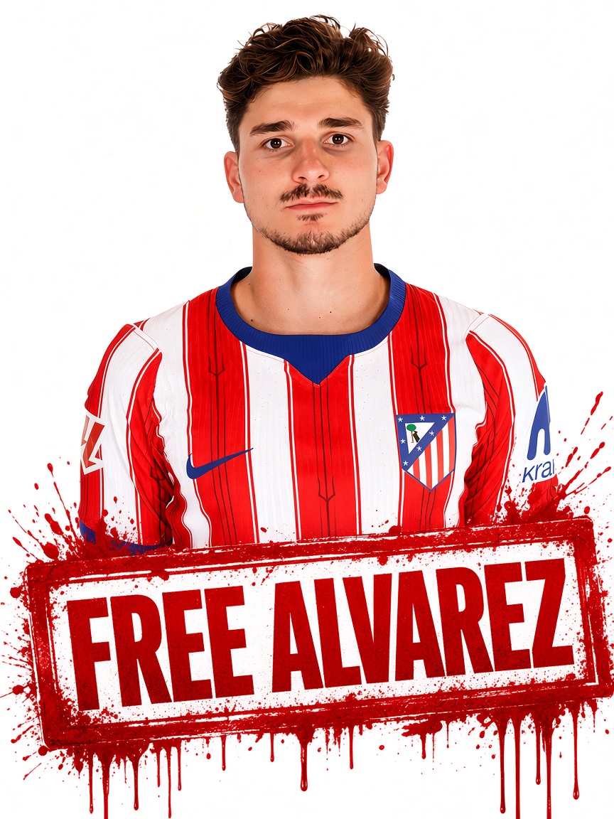 Julián Álvarez behind a red FREE ALVAREZ stamp